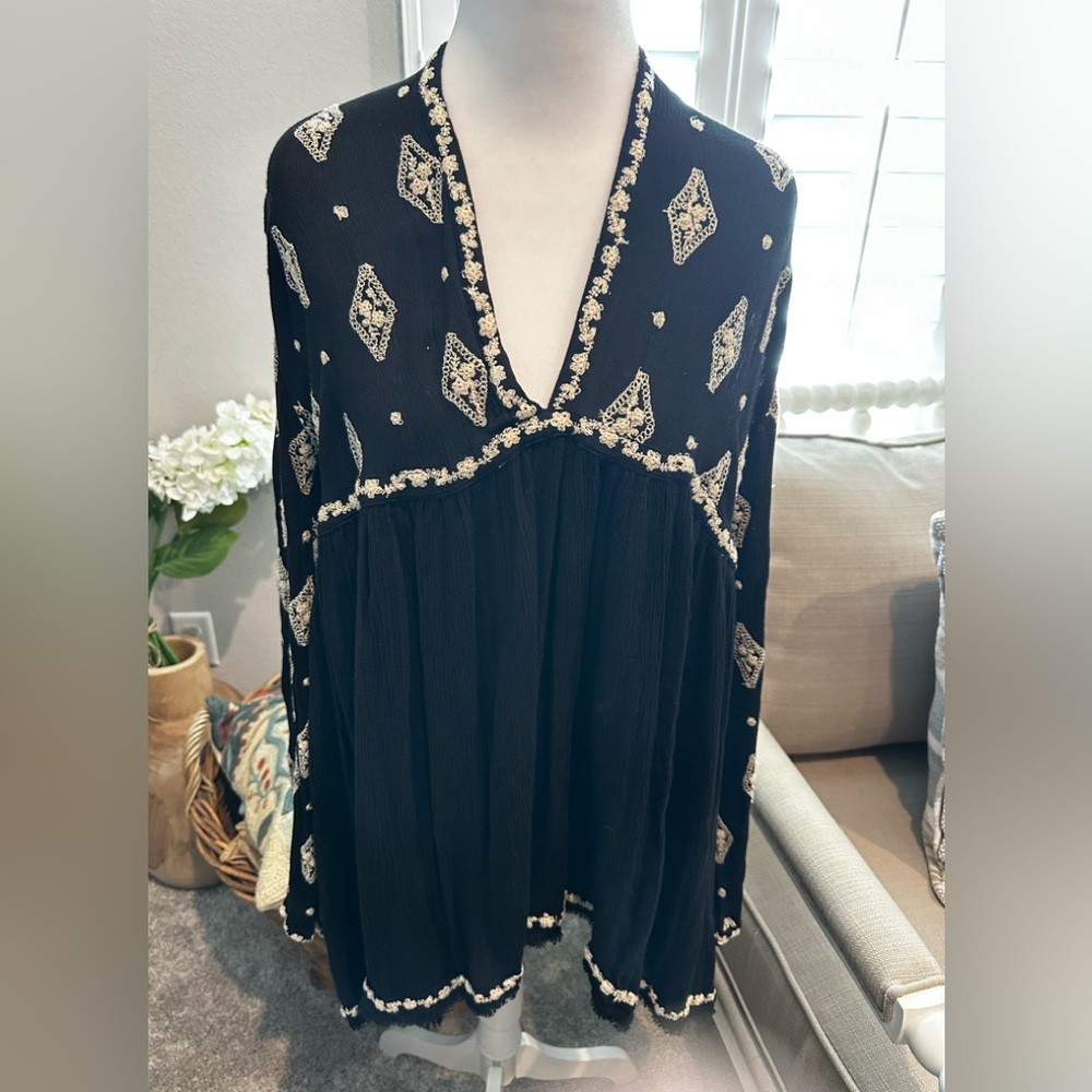 Free People Black and Cream Embroidered Dress